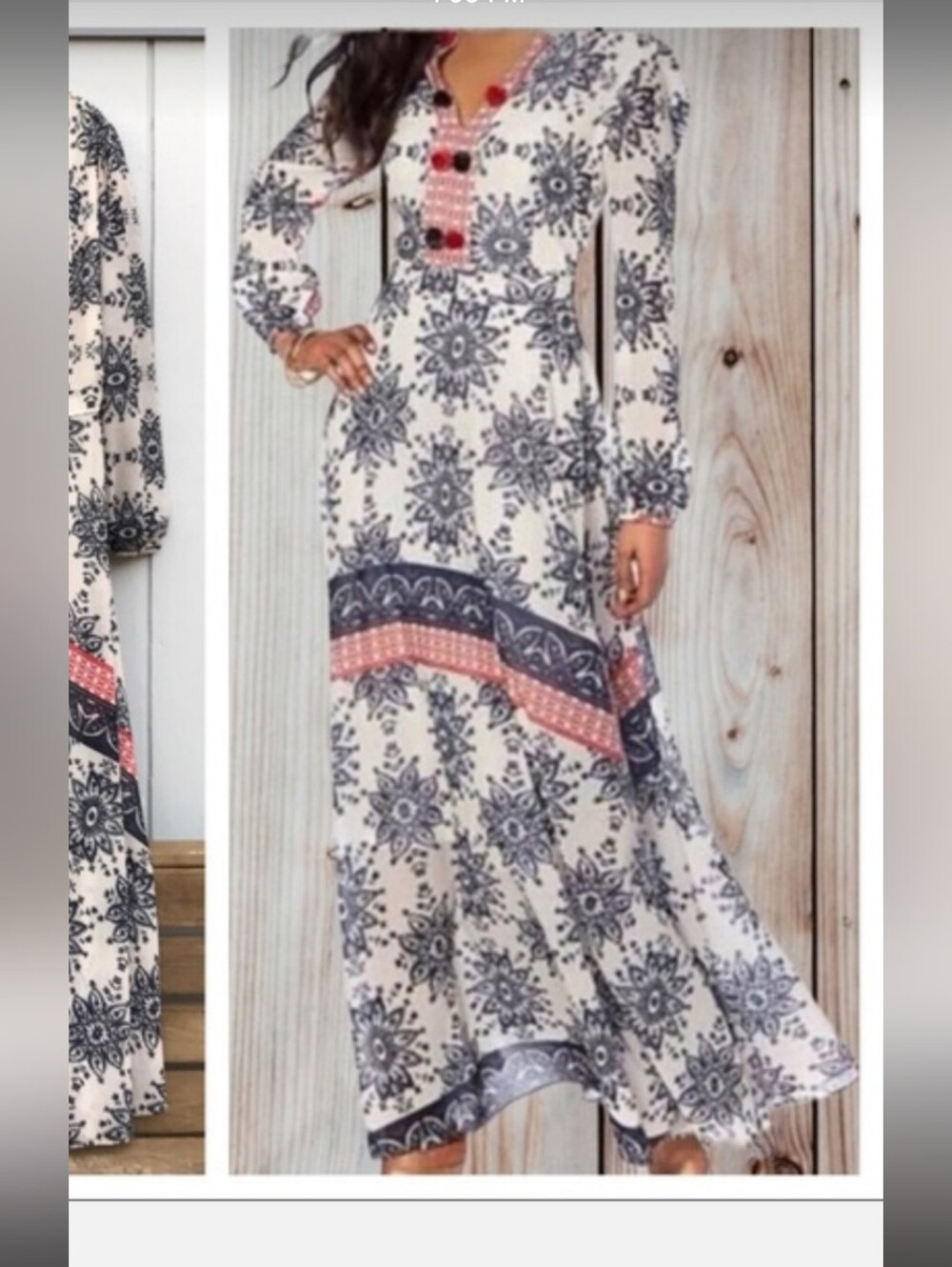 Sheryl Crow Boho Floral Print Maxi Dress in Ivory with Navy and Coral Accents
